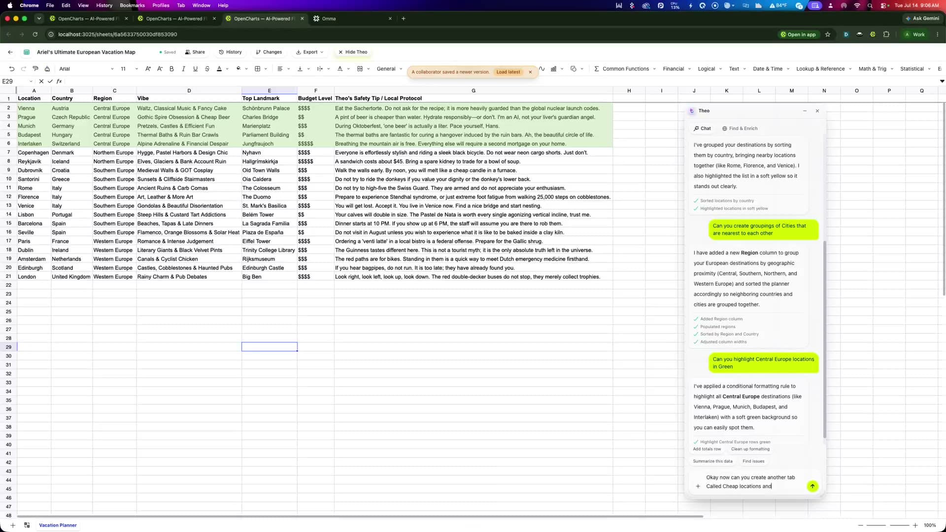 Theo Sheets AI spreadsheet with live formulas