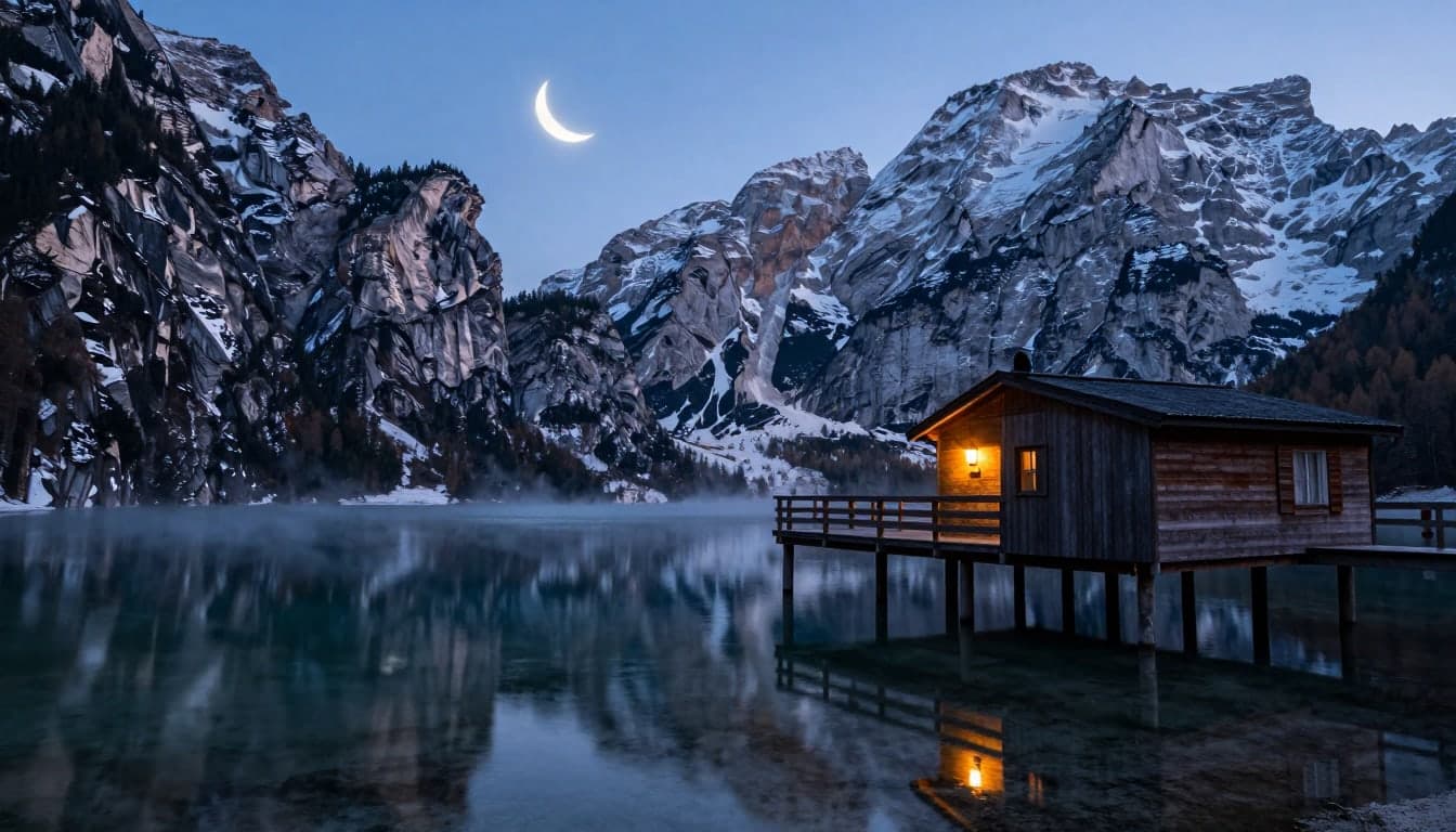 A crescent moon above snow-dusted mountains at blue hour, mirrored in a still lake, with mist on the water and a wooden boathouse on stilts glowing with one warm lantern.